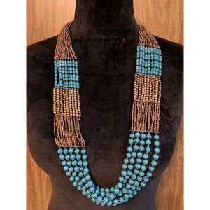 Turquoise & Bronze Toned Boho Style Multi Strands Layered Boho Beaded Necklace